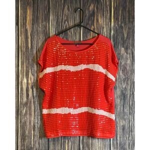 Vince Camuto Womens XL Red Sequin Stripe Top Short Sleeve Blouse Evening Wear